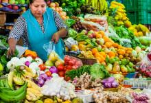 La imagen muestra a una mujer vendiendo frutas y verduras en un mercado